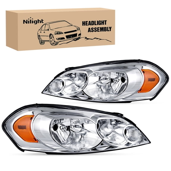 Nilight Headlight Assembly for 2006 2007 2008 2009 2010 2011 2012 2013 Impala 2014 2015 2016 Impala Limited 2006 2007 Monte Carlo Replacement Headlamp Chrome Housing Amber Reflector, 2 Years Warranty