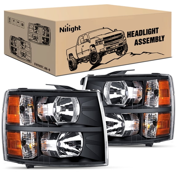 Nilight Headlight Assembly for 2007 2008 2009 2010 2011 2012 2013 Silverado 1500 2007-2014 Silverado 2500HD 3500HD Replacement Headlamp Black Housing Amber Reflector