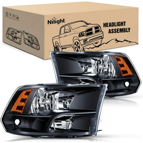 Nilight Headlight Assembly 2009 2010 2011 2012 2013 2014 2015 2016 2017 2018 Ram 1500 2500 3500 Pickup Quad Headlamp Assembly Replacement Black Housing Amber Corner Clear Lens,(Only for Quad Models)