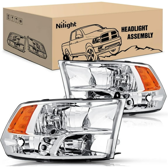 Nilight Headlight Assembly 2009 2010 2011 2012 2013 2014 2015 2016 2017 2018 Ram 1500 2500 3500 Pickup Quad Headlamp Assembly Replacement Chrome Housing Amber Corner Clear Lens,(Only for Quad Models)