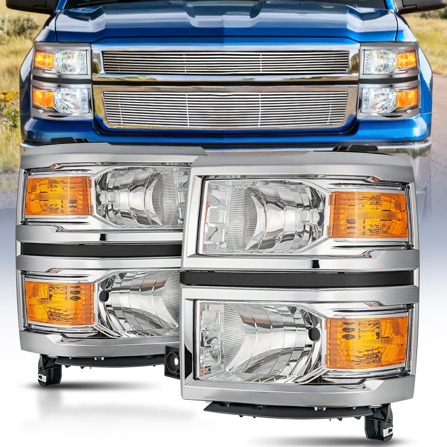 Nilight Headlight Assembly for 2014 2015 Chevy Silverado 1500 Pickup Truck Replacement Headlamp Chrome Housing Amber Reflector Driver and Passenger Side, 2 Years Warranty