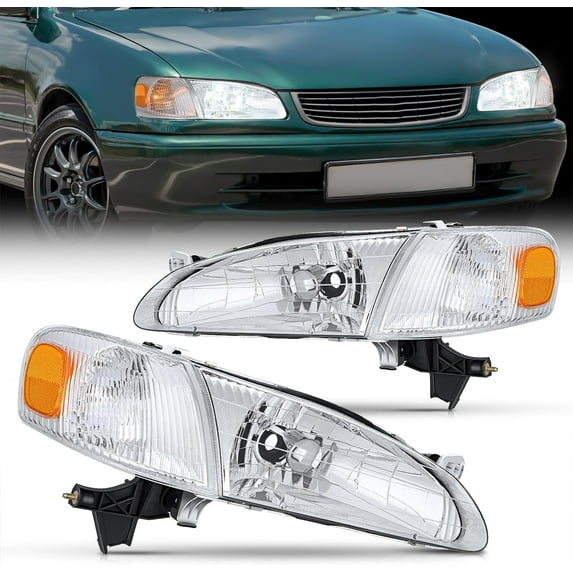 Nilight Headlight Assembly Compatible with 1998 1999 2000 Toyota Corolla Chrome Housing Amber Reflector Upgraded Clear Lens Headlights Assembly Replacement Driver and Passenger Side 2 Years Warranty