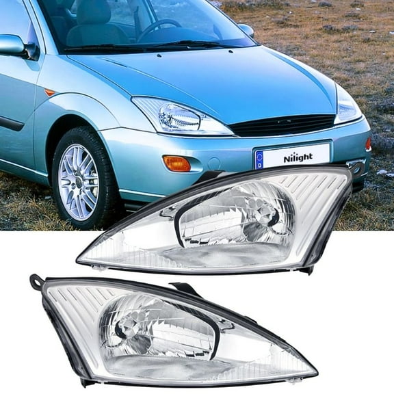 2000-2004 Ford Focus Headlight Assembly for 2000 2001 2002 2003 2004 Ford Focus Clear Lens Chrome Housing with Clear Reflector Headlamp Replacement Left and Right Pair