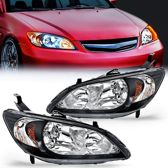 Nilight Headlight Assembly Compatible with 2004 2005 Honda Civic Headlamps Replacement Black Housing Amber Reflector Upgraded Clear Lens Driver and Passenger Side, 2 Years Warranty
