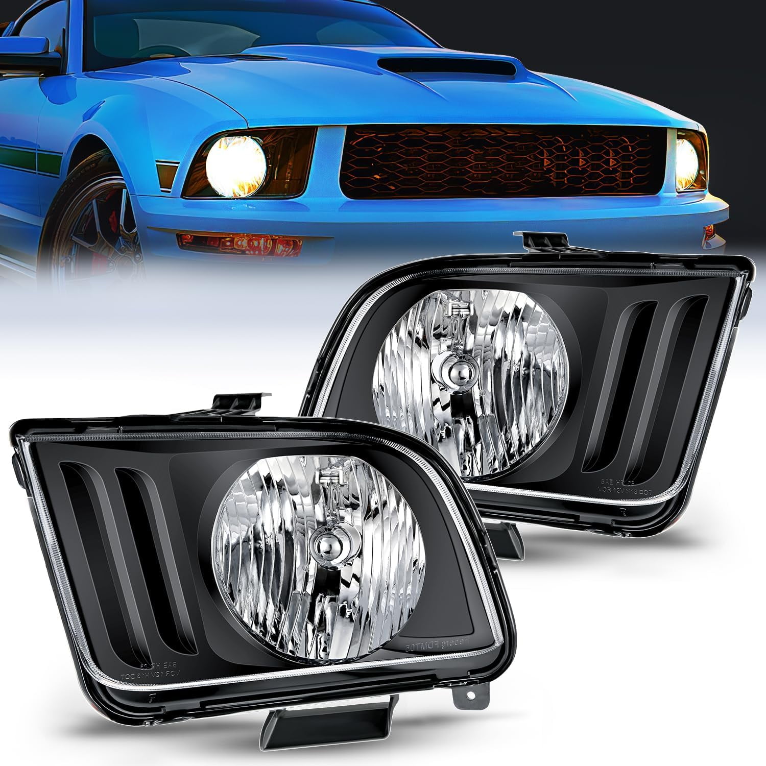 Nilight Headlight Assembly Compatible with 2005 2006 2007 2008 2009 Ford Mustang Headlamps Replacement Black Housing Clear Reflector Upgraded Clear Lens Driver and Passenger Side, 2 Years Warranty