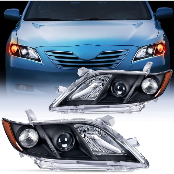 Nilight Headlight Assembly Compatible with 2007 2008 2009 Toyota Camry Headlamps Replacement Black Housing Amber Reflector Driver and Passenger Side, 2 Years Warranty
