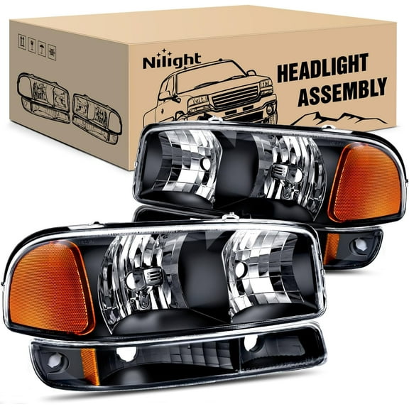 Nilight Headlight Assembly Compatible for 1999 2000 2001 2002 2003 2004 2005 2006 GMC Sierra Yukon, Black Housing Amber Corner Clear Lens, Headlights Assembly Replacement