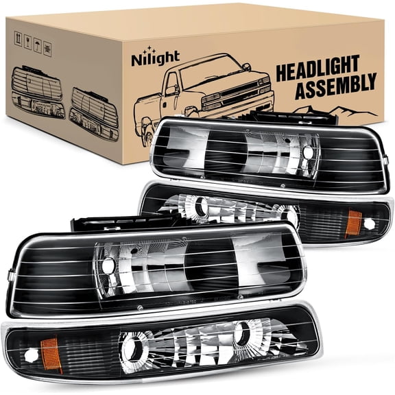 Nilight Headlight Assembly for 1999 2000 2001 2002 Chevy Silverado 1500 1500HD 2500 2500HD 3500 Chevrolet Tahoe Suburban Replacement Headlamp Housing Bumper Lights Set