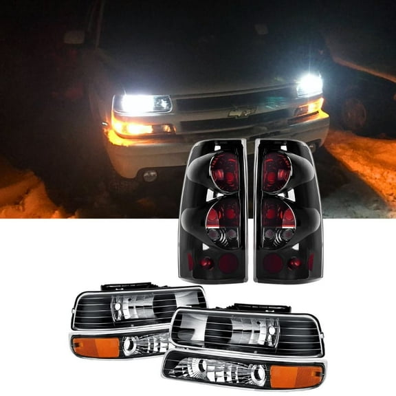 Nilight Headlight and Taillight Assembly Combo Compatible with 1999 2000 2001 2002 Chevy Silverado 1500 2500 1500HD 2500HD 3500 OE Style Black Housing Amber Reflector Smoke
