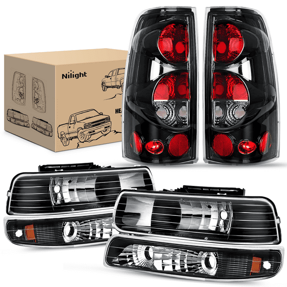 Nilight Headlight and Taillight Assembly Combo Compatible with 1999 2000 2001 2002 Chevy Silverado 1500 2500 1500HD 2500HD 3500 OE Style Black Housing Amber Reflector Clear