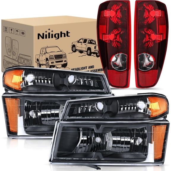 Nilight Headlight and Taillight Assembly Combo Compatible with 2004 2005 2006 2007 2008 2009 2010 2011 2012 Chevy Colorado GMC Canyon OE Style Black Housing Amber Reflector with Red Tail Light