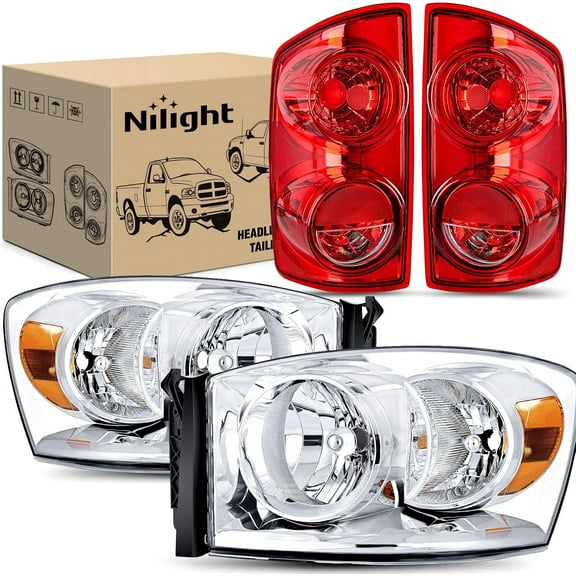 Nilight Headlight and Taillight Assembly Combo Compatible with 2007 2008 2009 Dodge Ram 1500 2500 3500 OE Style Chrome Housing Amber Reflector with Red Housing Tail Lights