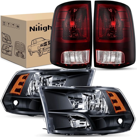 Nilight Headlight and Taillight Assembly Combo Compatible with 2009 2010 2011 2012 2013 2014 2015 2016 2017 2018 Dodge Ram for Quad Models Black Housing Amber Reflector with Dark Red Tail Light