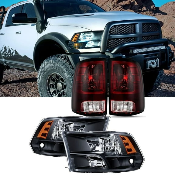 Nilight Headlight and Taillight Assembly Combo Compatible with 2009 2010 2011 2012 2013 2014 2015 2016 2017 2018 Dodge Ram for Quad Models Black Housing Amber Reflector with Dark Red Tail Light