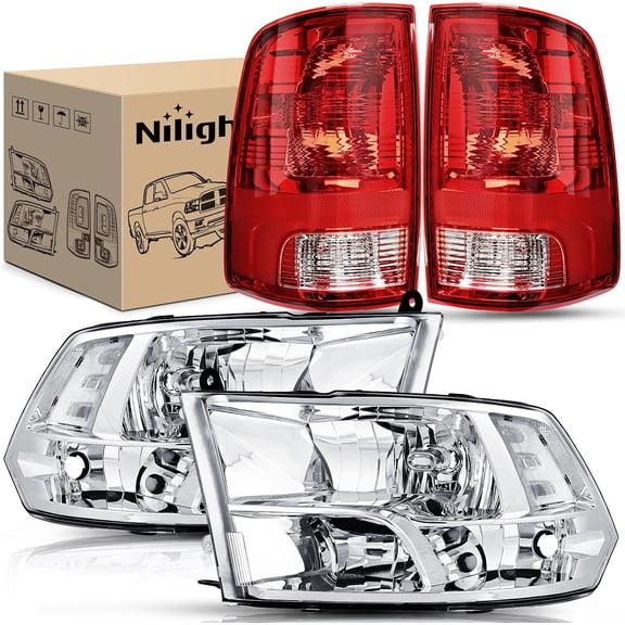 Nilight Headlight and Taillight Assembly Combo Compatible with 2009 2010 2011 2012 2013 2014 2015 2016 2017 2018 Dodge Ram for Quad Models Chrome Housing Clear Reflector with Red Housing Tail Light