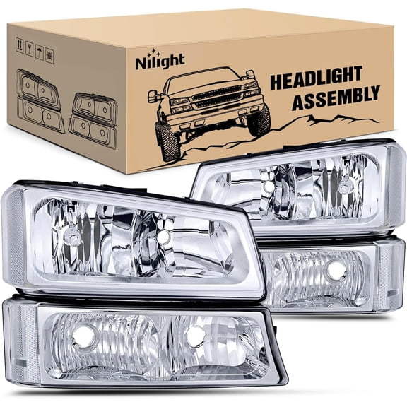 Nilight Headlight Assembly for 2003 2004 2005 2006 Chevy Silverado Avalanche 1500 1500HD 2500 2500HD 3500 Chevrolet Pickup Replacement Headlamp Housing Bumper Lamp Set