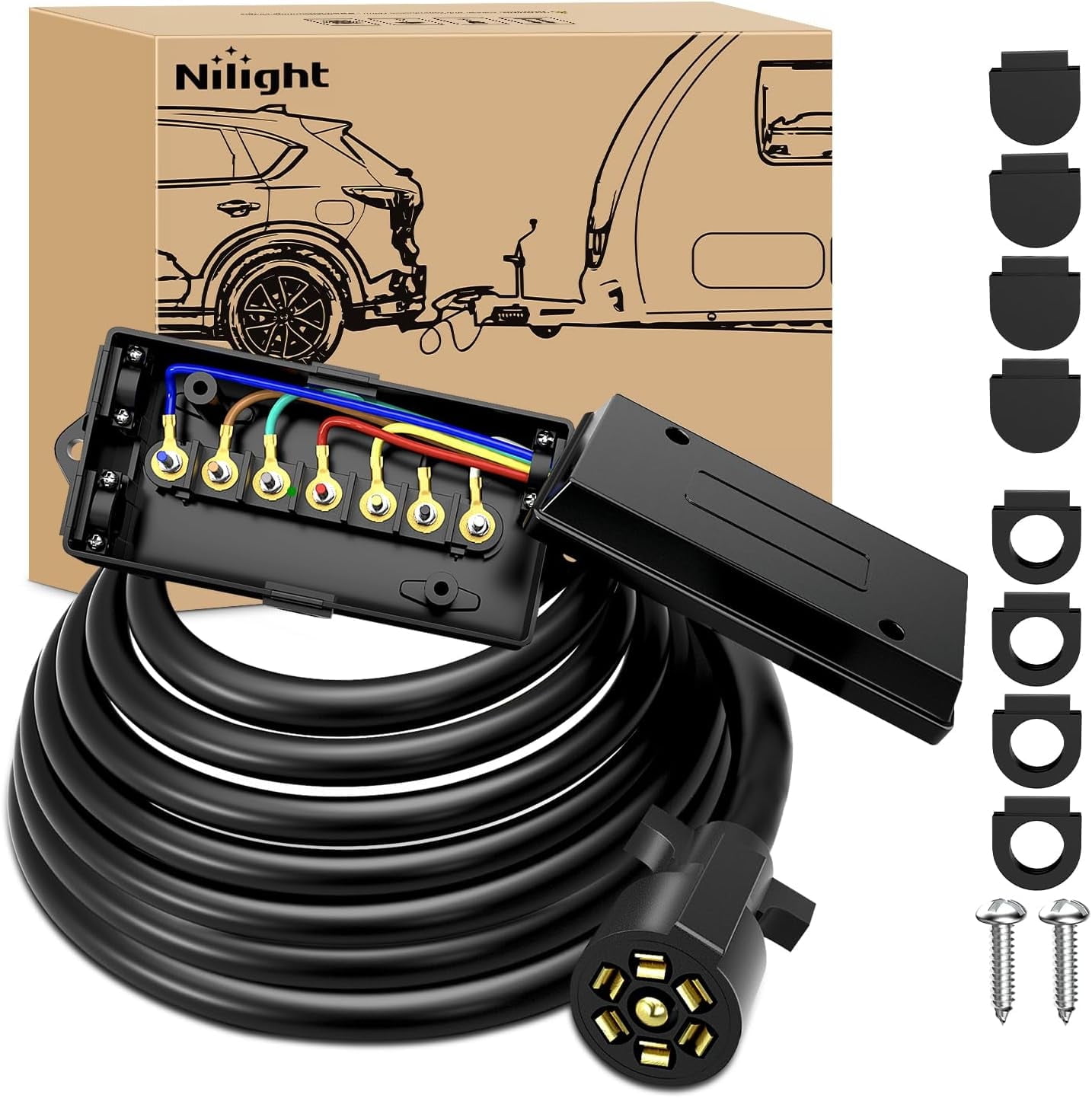 Nilight Heavy Duty 7 Way Inline Trailer Plug with 7 Gang