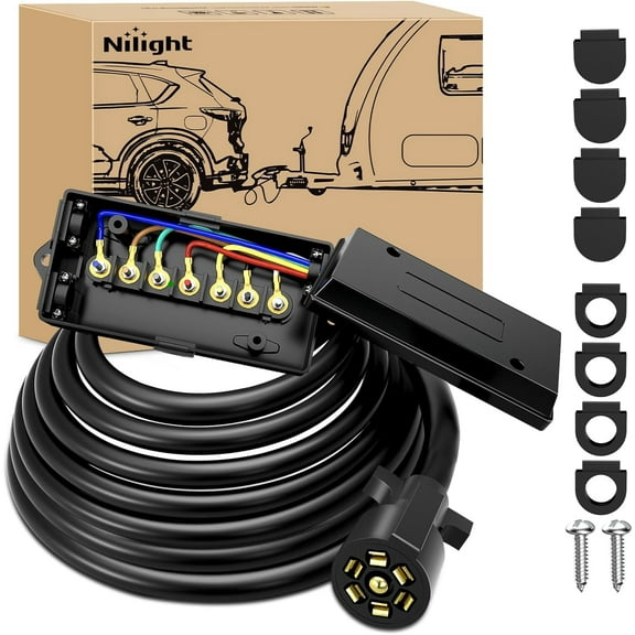 Nilight Heavy Duty 7 Way Inline Trailer Plug with 7 Gang Junction Box - 16 Feet Trailer Connector Cable Wiring Harness with Weatherproof Junction Box Suitable for RV Automotives Cars