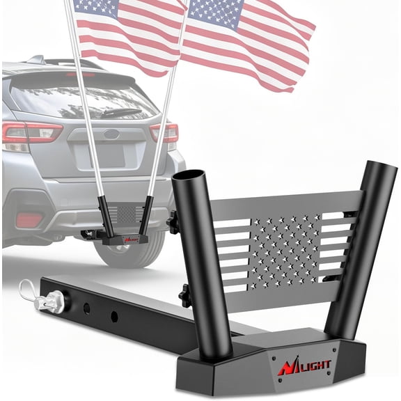 Nilight Hitch Mount Flagpole Holder, Dual Flag Pole Heavy Duty Metal Mount Kit fits 2 Inch Receivers Compatible with 0.87 to 1.38 Inch Diameter Flag Tube for Trucks SUV RV Pickup Camper Trailer Jeep