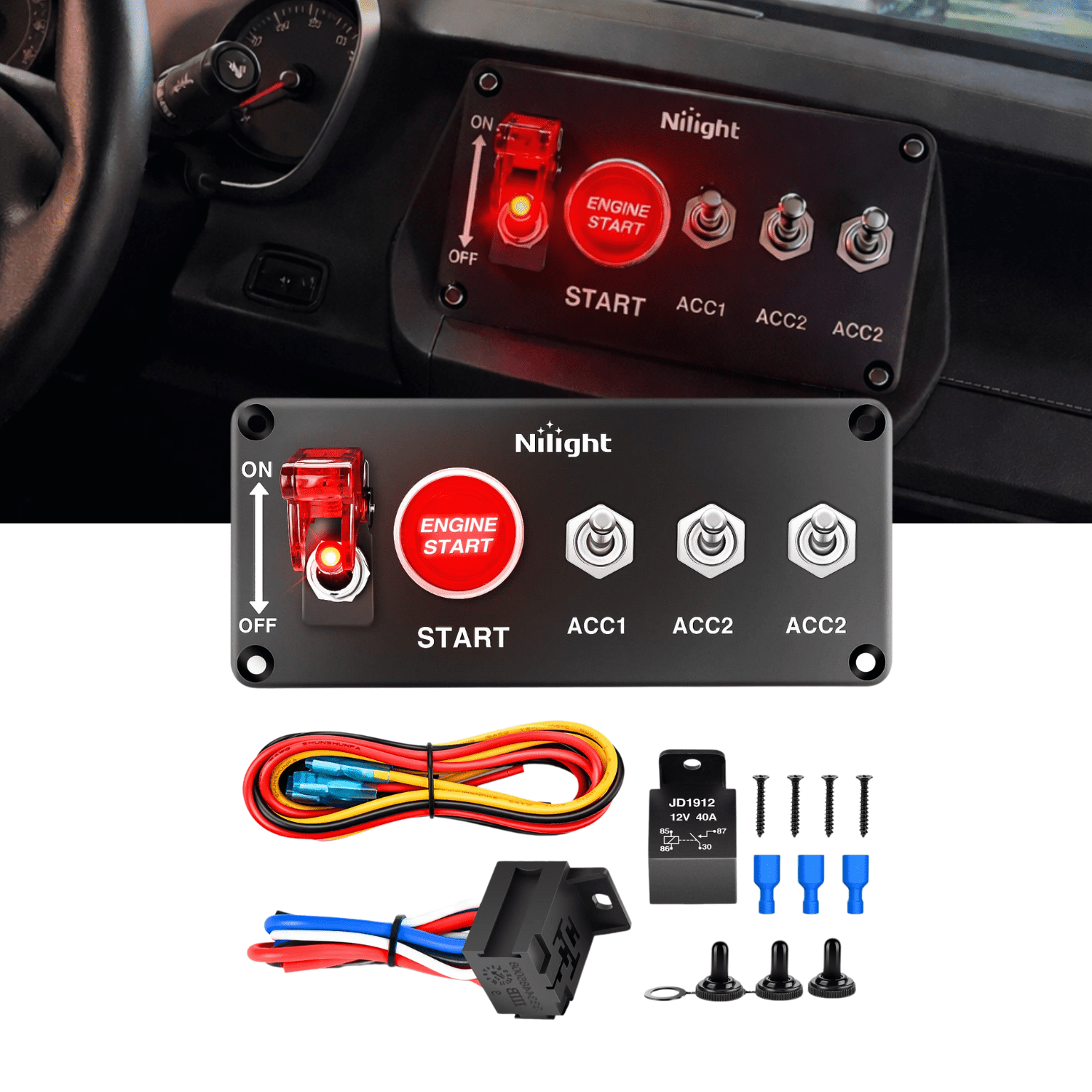 Nilight Ignition Rocker Switch Panel 12V 5 in 1 with Engine Push Button ...