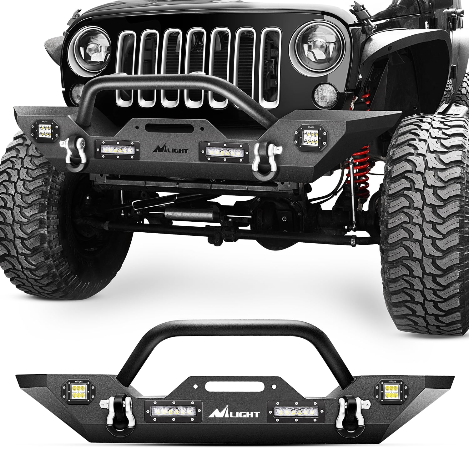 Nilight JK-51A Front Compatible for 07-18 Jeep Wrangler JK & Unlimited Rock  Crawler Bumper with 4 x LED Lights, Winch Plate and 2 x D-Rings,Upgraded 