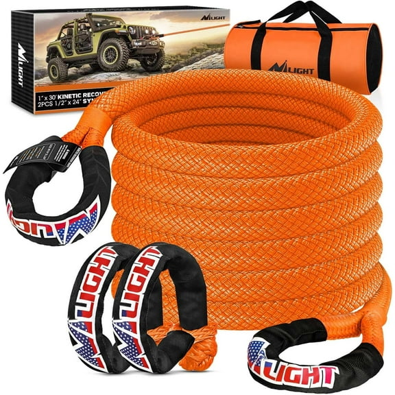 Nilight Kinetic Recovery Rope (33,000LBS) 1in x 30ft with Soft Shackle(56,000LBS) 1/2 Inch x 24 Inch 2PCS Heavy-Duty Offroad Snatch Strap kit for UTV ATV SUV Truck Car Tractor