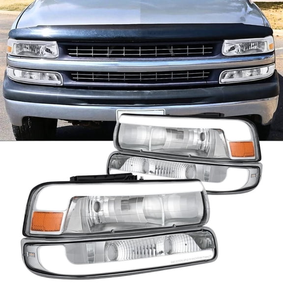 Nilight LED DRL Headlight Assembly for 1999 2000 2001 2002 Chevy Silverado 1500 1500HD 2500 2500HD 3500 Chevrolet Tahoe Suburban Replacement Headlamp Clean Lens Chrome Housing Amber Bumper Lights Set