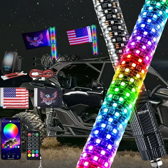 Nilight LED Fat Whip Light 2PCS 2FT RGB Lighted Antenna Whips with Remote & App Control DIY Chasing Patterns Brake Reverse Turn Lights for ATV UTV Polaris RZR Can-am Dune Buggy Pickup Trucks Jeep