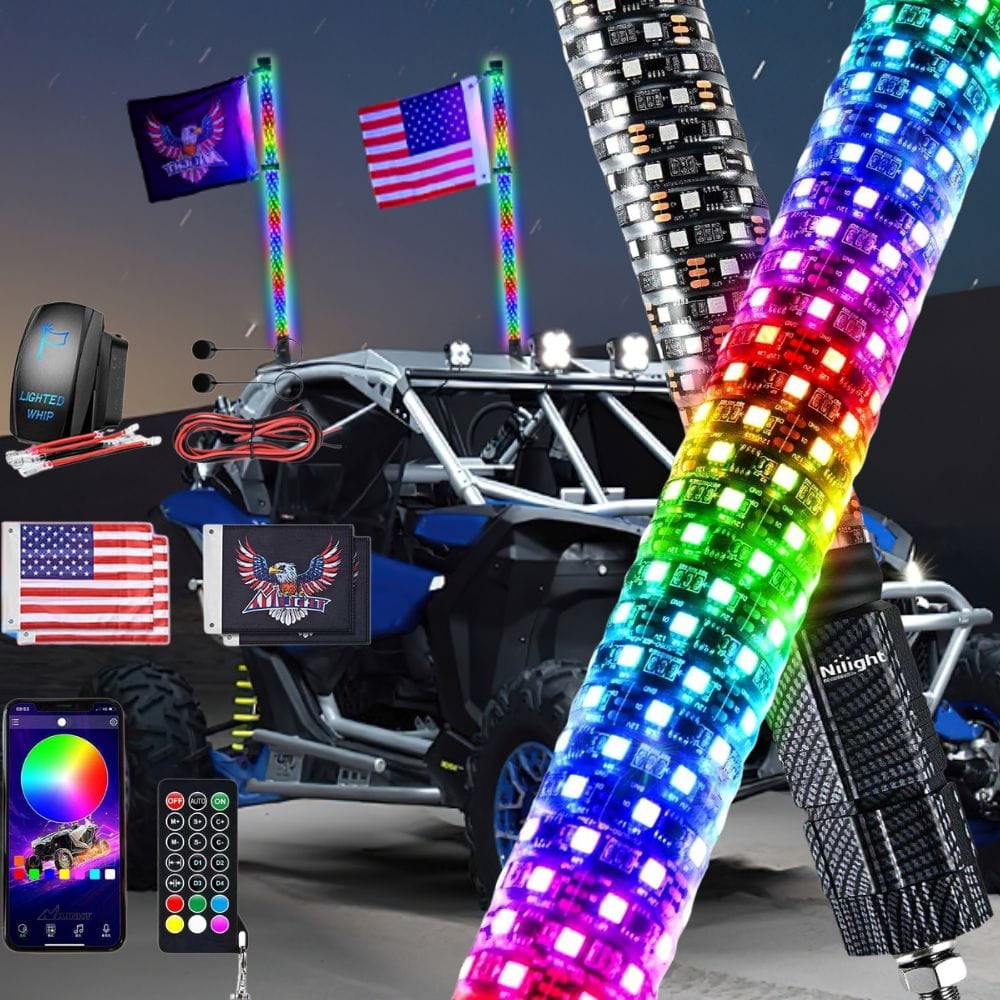 Nilight LED Fat Whip Light 2PCS 3FT RGB Lighted Antenna Whips with Remote & App Control DIY Chasing Patterns Brake Reverse Turn Lights for ATV UTV Polaris RZR Can-am Dune Buggy Pickup Trucks Jeep