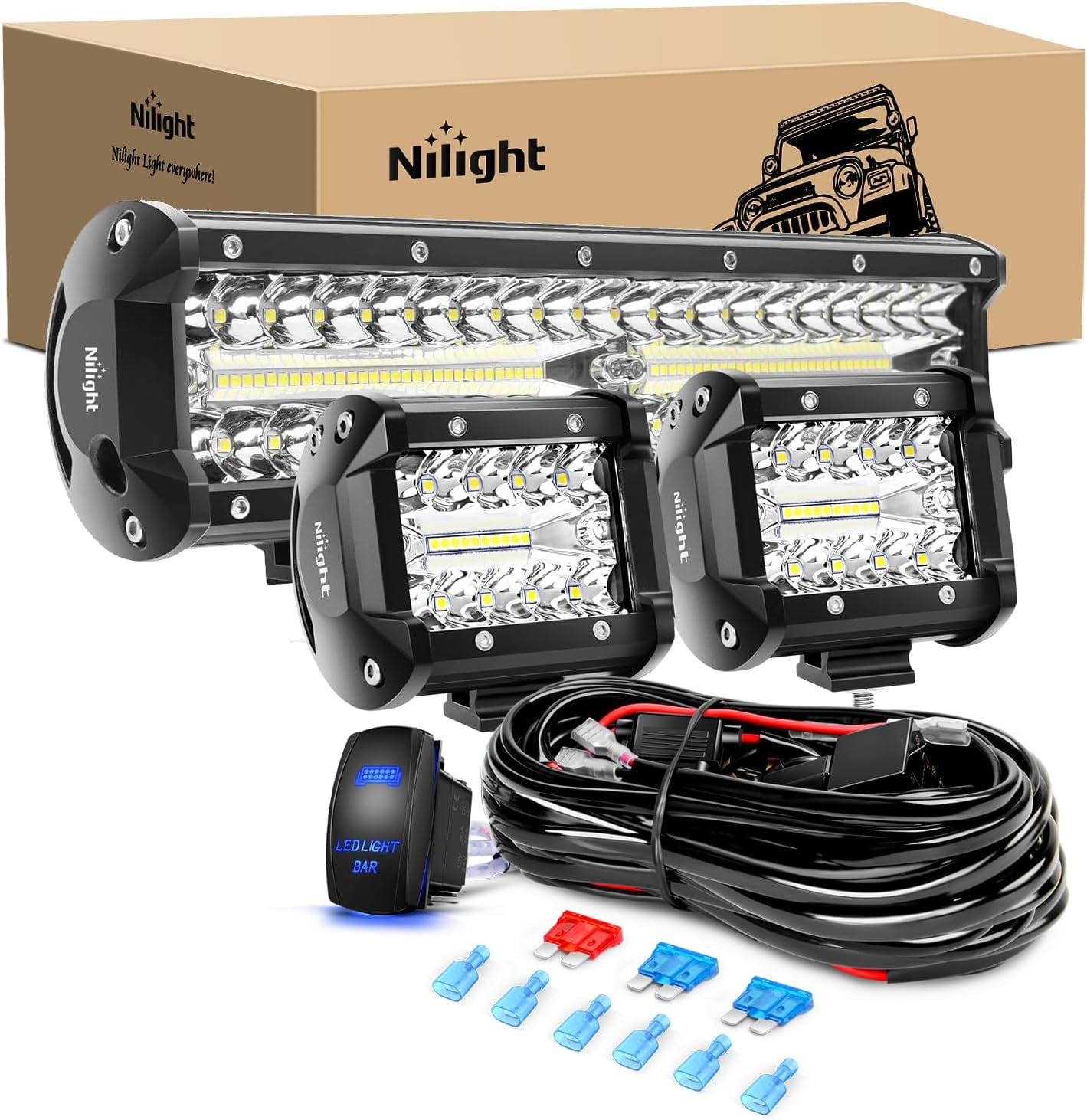 Nilight LED Light Bar 12 Inch 300W Spot Flood Combo 2 Pcs 4 inch 60W LED Pods Boat Driving Fog Lights with Off Road Wiring Harness- 3 Leads for Trucks Pickup Golf Cart SUV ATV UTV 4x4 Van Camper