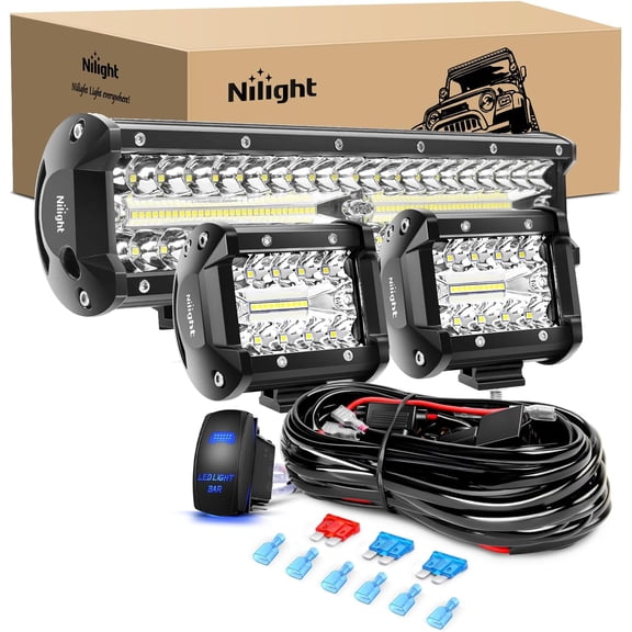 Nilight LED Light Bar 12 Inch 300W Spot Flood Combo 2 Pcs 4 inch 60W LED Pods Boat Driving Fog Lights with Off Road Wiring Harness- 3 Leads for Trucks Pickup Golf Cart SUV ATV UTV 4x4 Van Camper