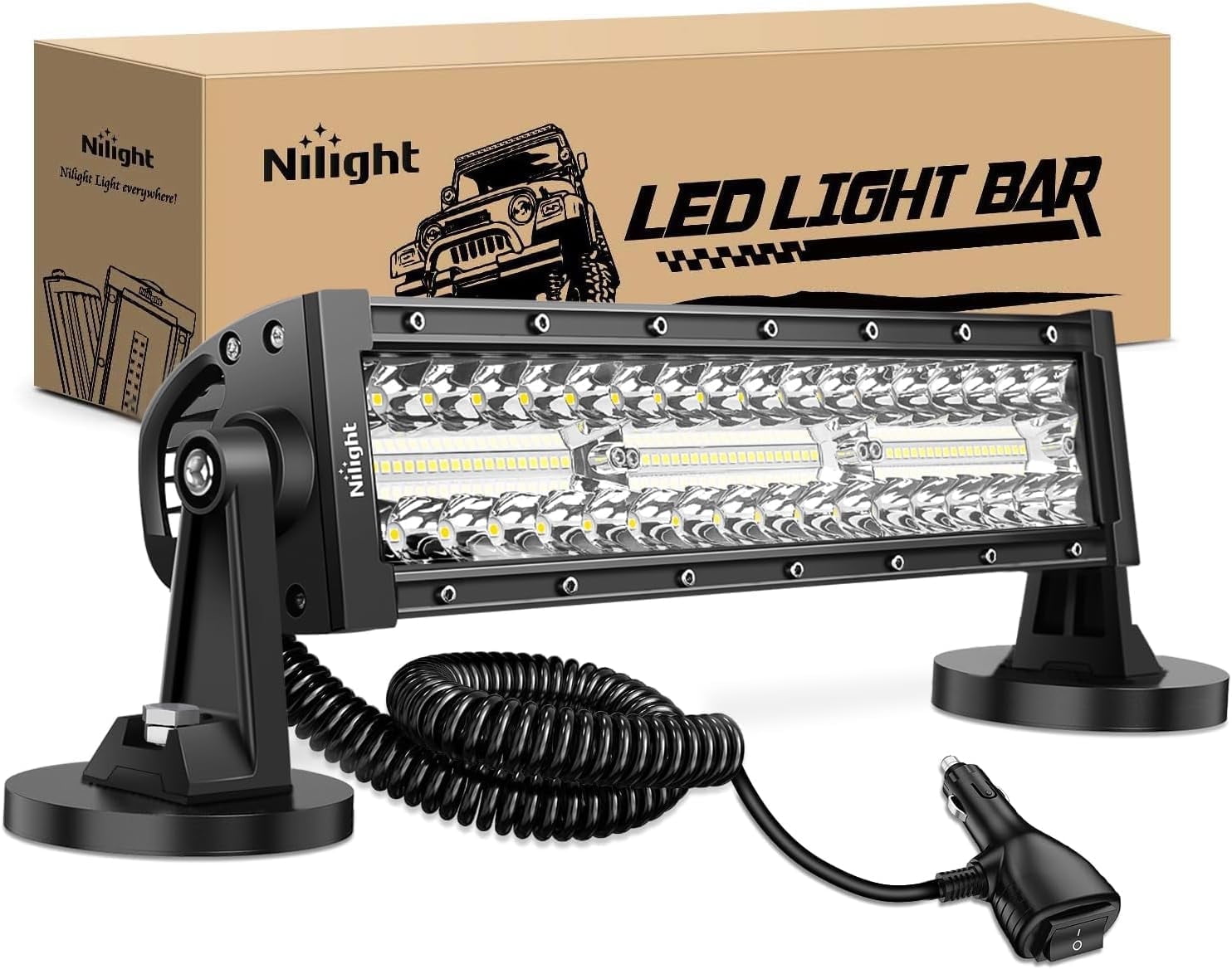 Nilight LED Light Bar 13.5Inch Triple Row Cigarette Lighter Wiring Strong Magnetic Base Spot Flood Combo 96LEDs Fog Driving Work Roof Bumper Lights for Truck Tractor Golf Cart UTV, 2 Years Warranty