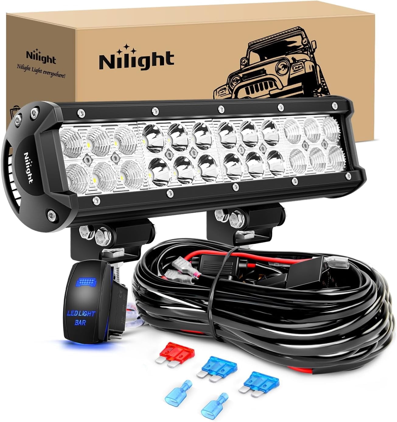 Nilight LED Light Bar 12Inch 72W Spot Flood Combo LED Off Road Lights 12V 5Pin Rocker Switch Wiring Harness Kit- One Lead