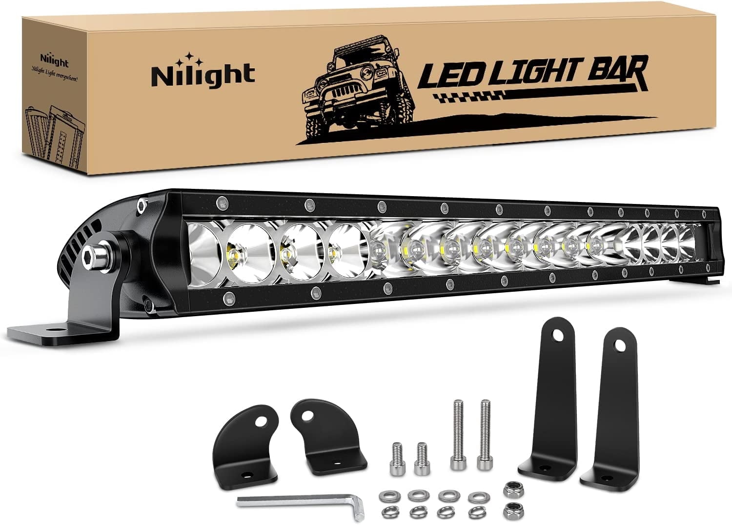 Nilight LED Light Bar 2" 100W Spot & Flood Combo Single Row 9000LM Off Road 3D LED Fog & Driving Light Roof Bumper Light Bars for Jeep Ford Trucks Boat