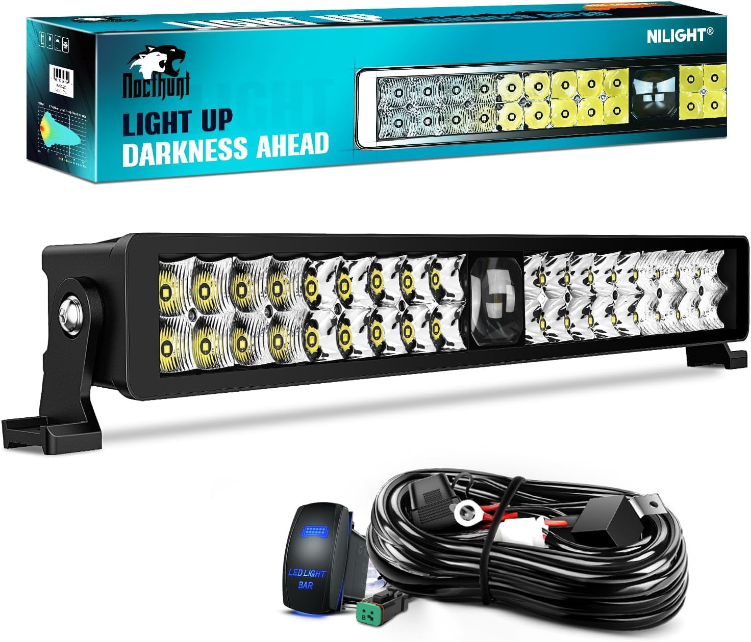 Nilight LED Light Bar 22inch 37LED Dual Row Spot Flood Combo Light Screw-less night vision Off Road Lights w/16AWG Rocker Switch Wiring Harness Kit for Driving Light on Truck ATV UTV