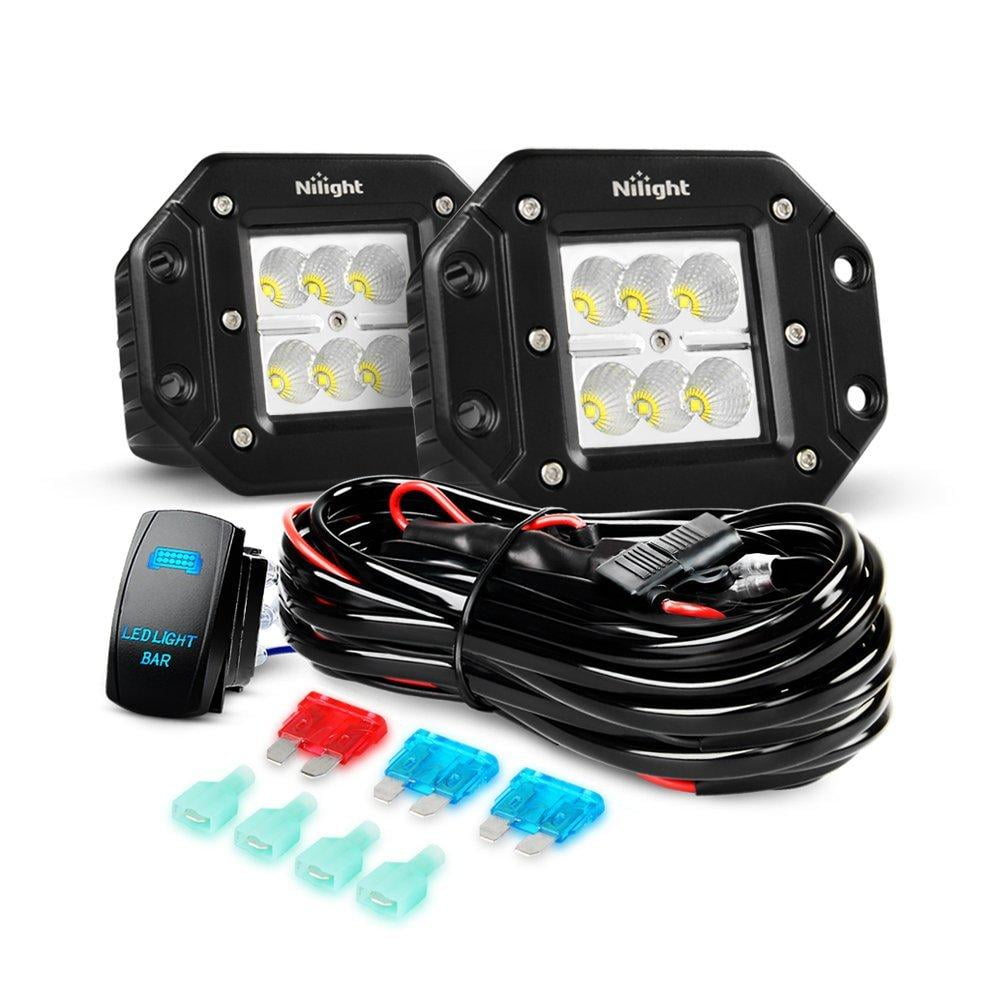 Nilight LED Light Bar 2PCS 18W Flush Mount Flood Led Off Road Lights 12V 5Pin Rocker Switch LED Light Bar Wiring Harness Kit , 2 Years Warranty