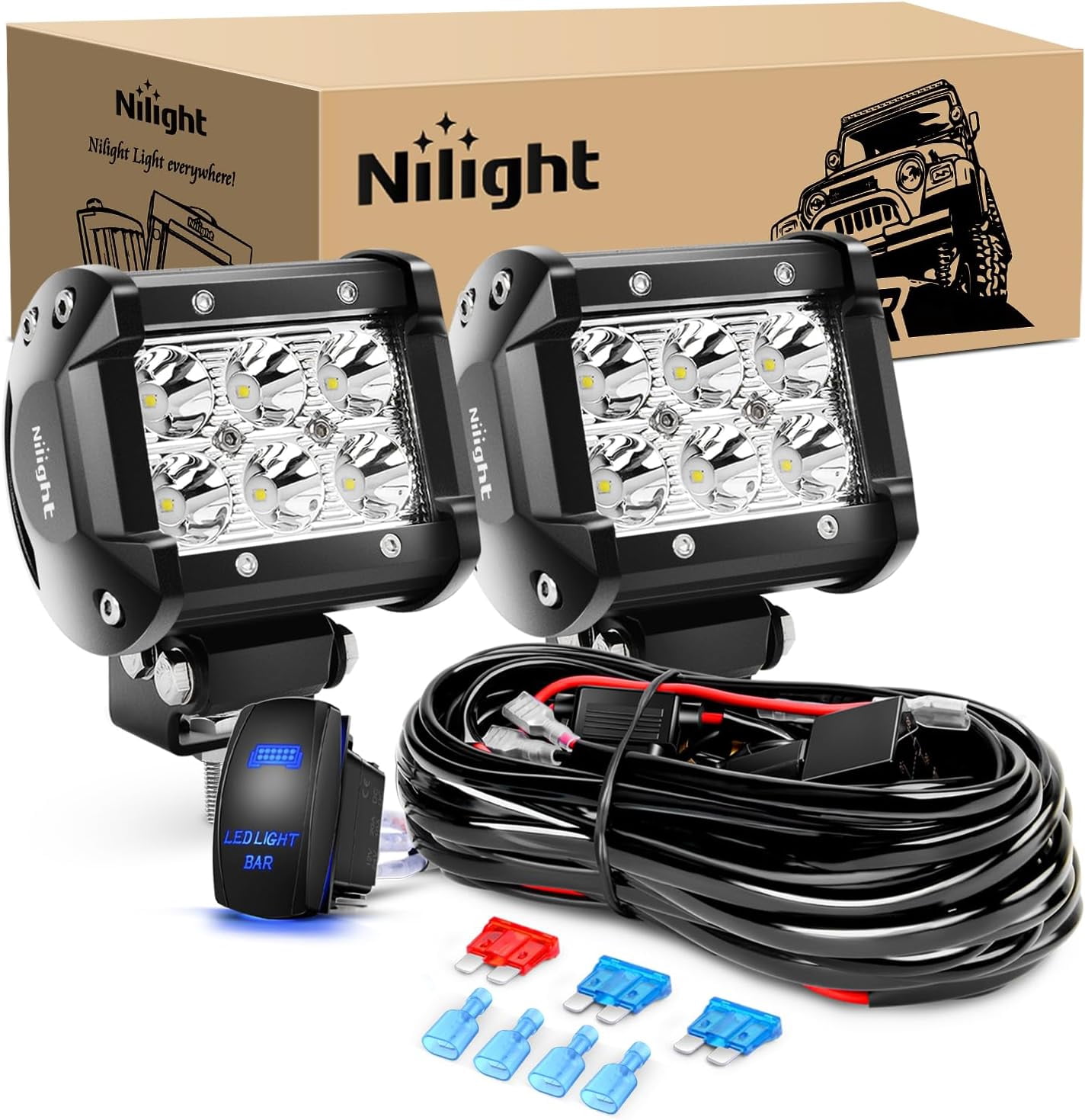 Nilight LED Light Bar 2PCS 18W Spot Led Pods Off Road Lights 12V 5Pin Rocker Switch Bar Wiring Harness Kit 2 Leads for Truck SUV ATV UTV