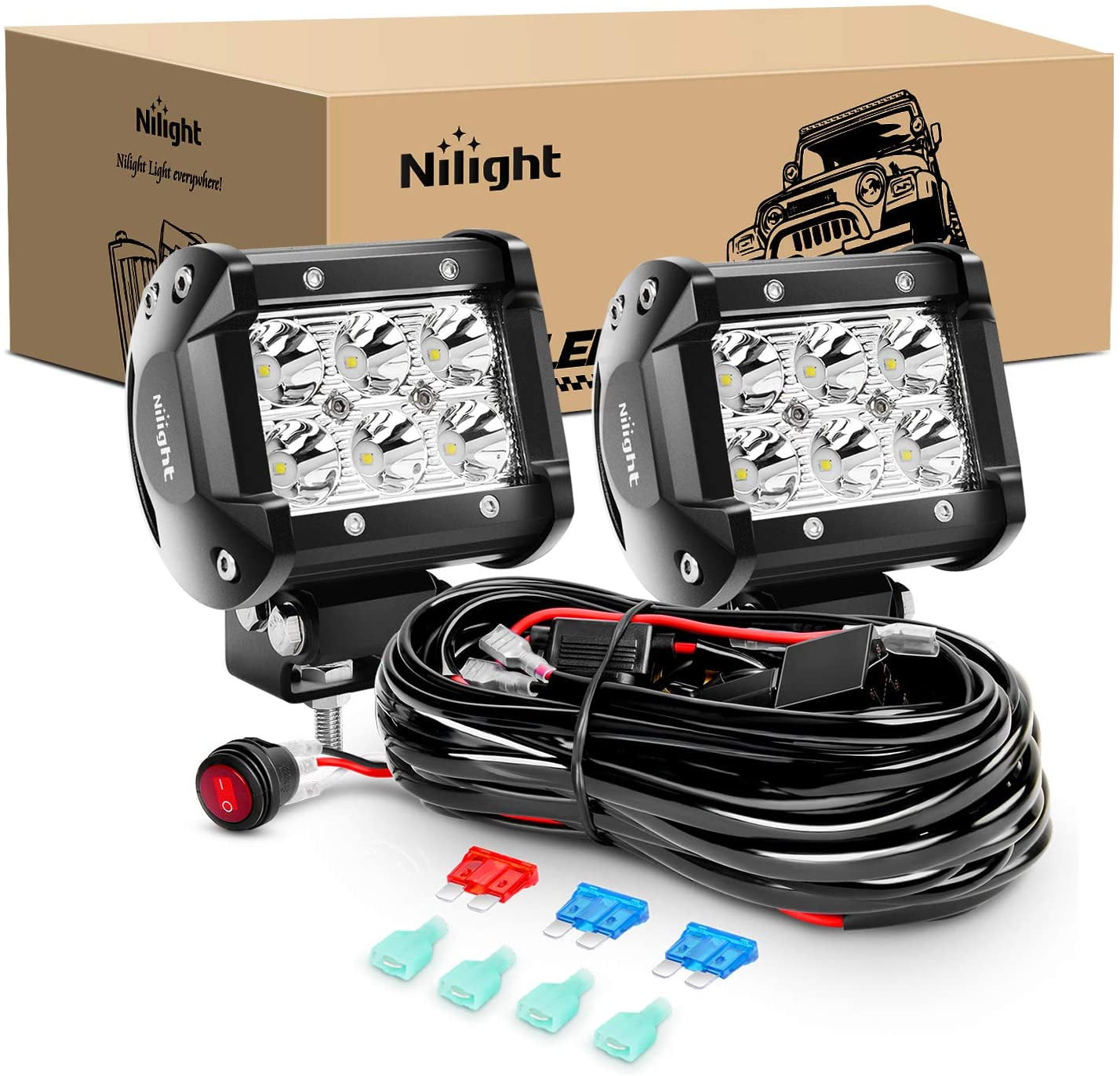 Nilight 4inch 18W LED Light Bar off Road Light Bar Fits Jeep 2 Pieces