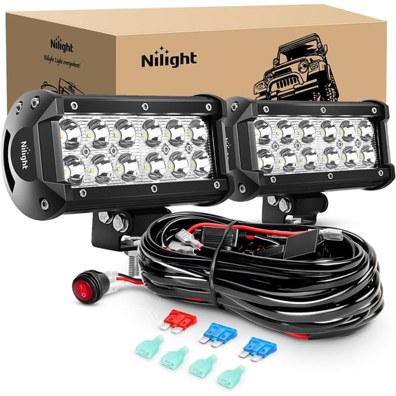 Nilight LED Light Bar 2PCS 6.5 Inch 36W Spot Led Pods Led Off Road Driving Light with 16AWG Wiring Harness Kit-2 Leads
