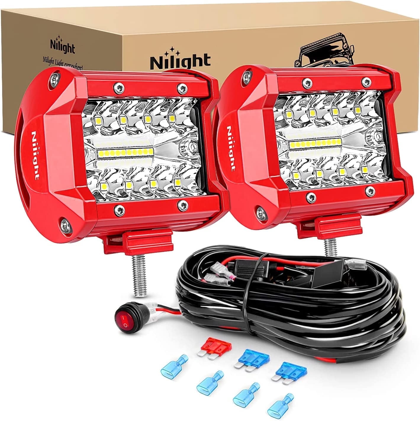 Nilight LED Light Bar 2PCS 60W 4Inch Triple Row Spot Flood Combo Lights w/Wiring Kit for Fog Light Driving Light Work Light on Off-Road Truck SUV ATV UTV, 2 Years Warranty