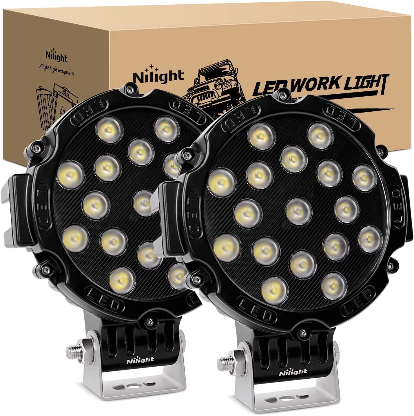 Nilight LED Light Bar 2PCS 7Inch 51w Spot Round Led Off Road Lights Fog Light Driving Lights Roof Bumper Light Bars for Trucks Boat Lights, 2 Years Warranty