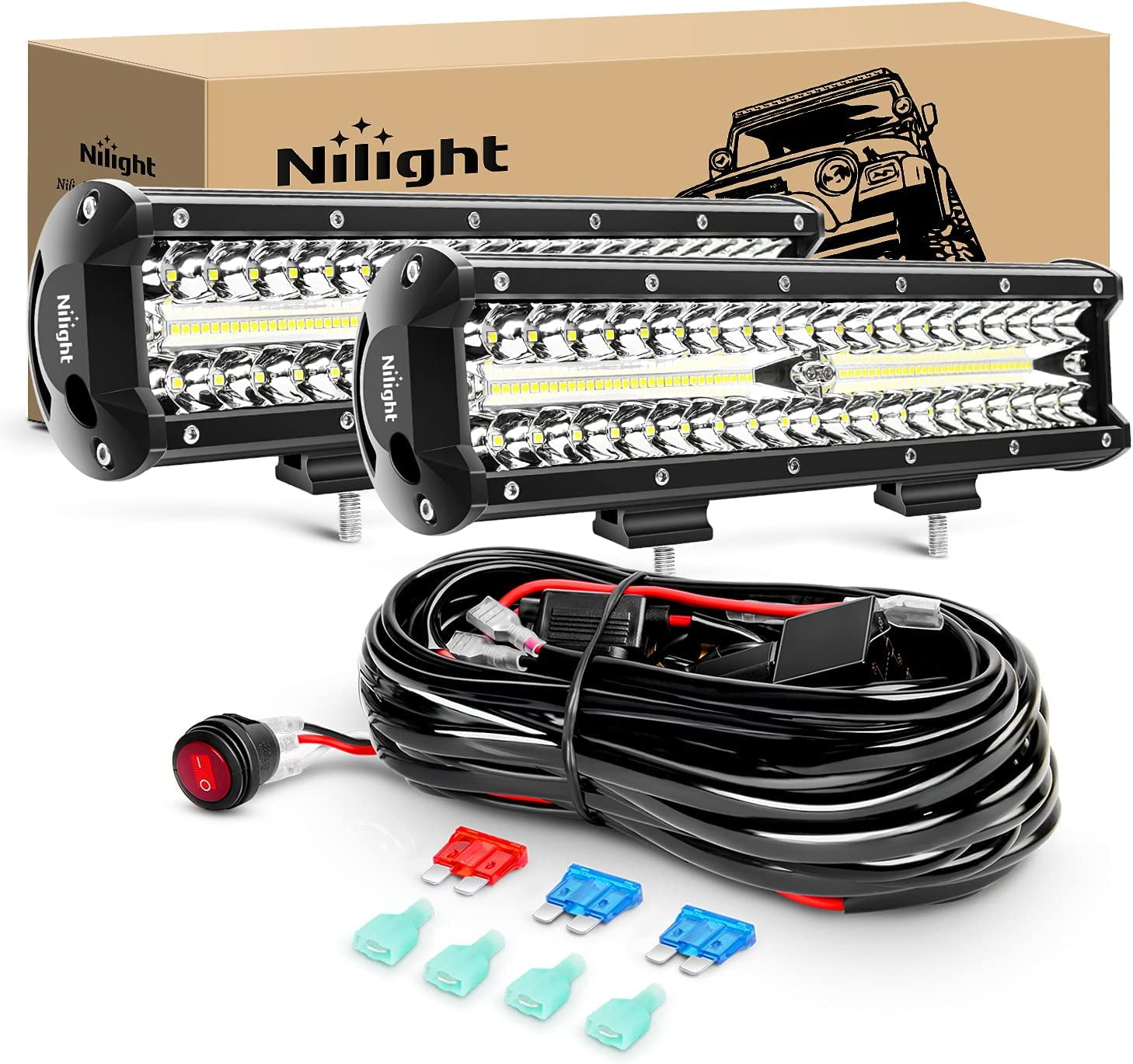 Nilight LED Light Bar 2Pcs 12 Inch 300W Triple Row Flood Spot Combo 30000LM Driving Lights with Off Road Wiring Harness Kit -2 Leads for Trucks ATV UTV SUV, 2 Years Warranty