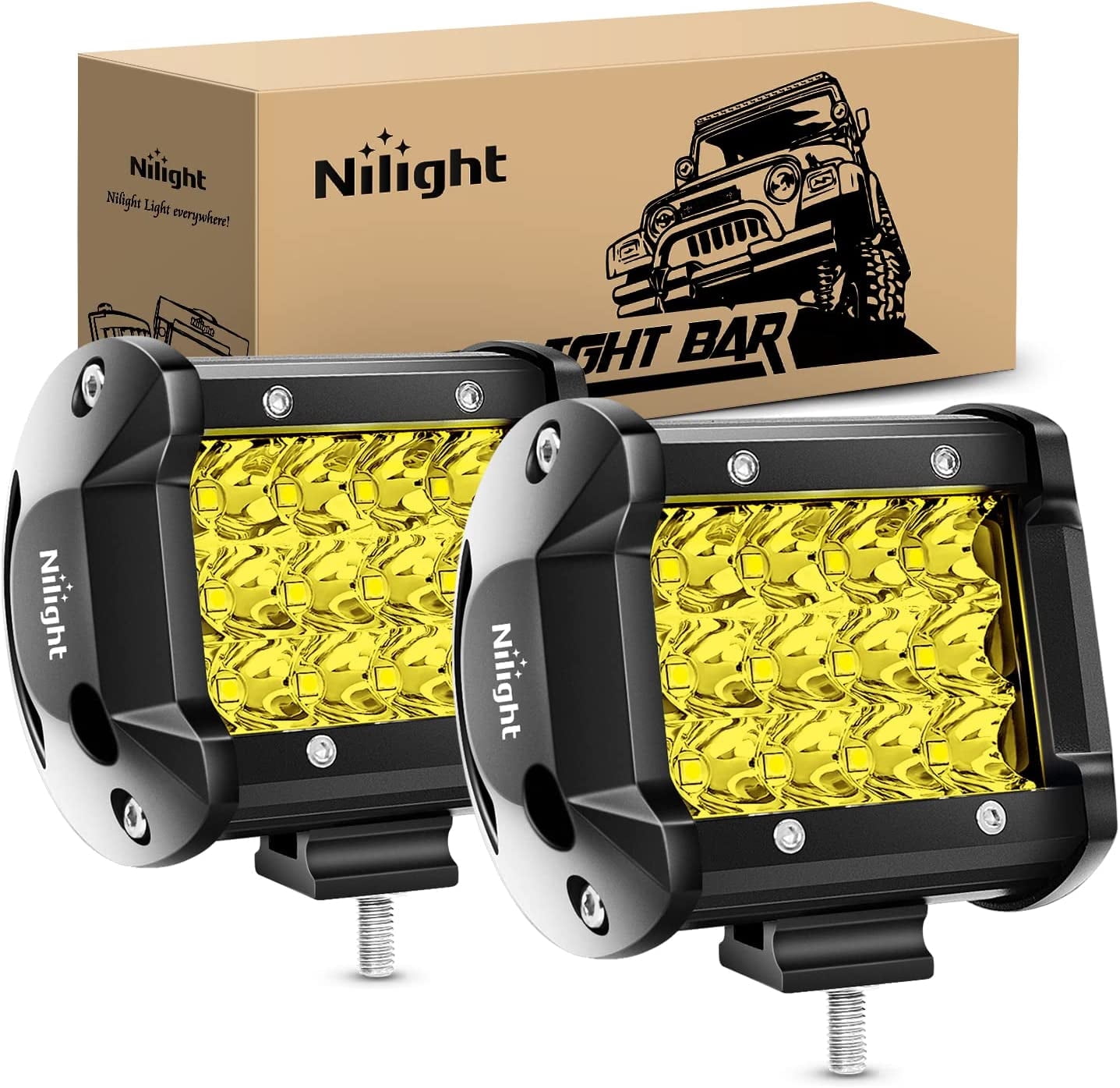 Nilight LED Light Bar 2Pcs 4 inch 36W YelloW Flood Spot Combo Triple RoW Driving Lamp Roof Bumper off Road LED Work Lights Pods for Van Camper Wagon Car Pickup Golf Cart ATV UTV SUV Truck Boat 4x4
