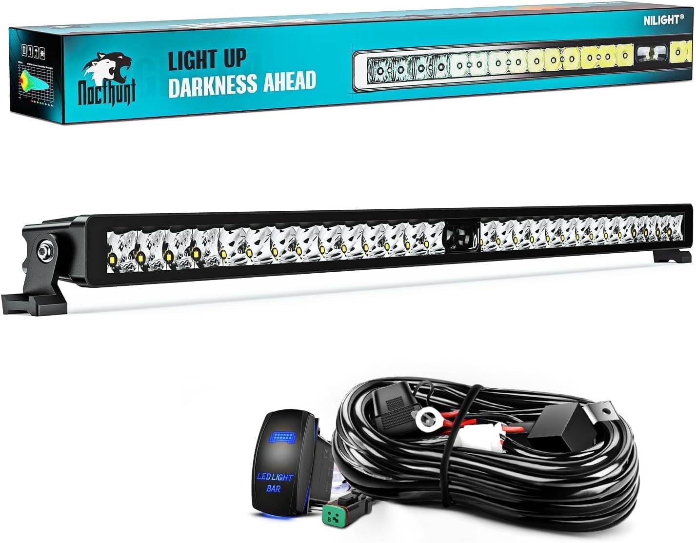 Nilight LED Light Bar 32inch 29LED Single Row Spot LED Lights Screw-Less Night Vision Off Road Lights w/16AWG Rocker Switch Wiring Harness Kit for Driving Light on Truck ATV UTV, 2 Years Warranty