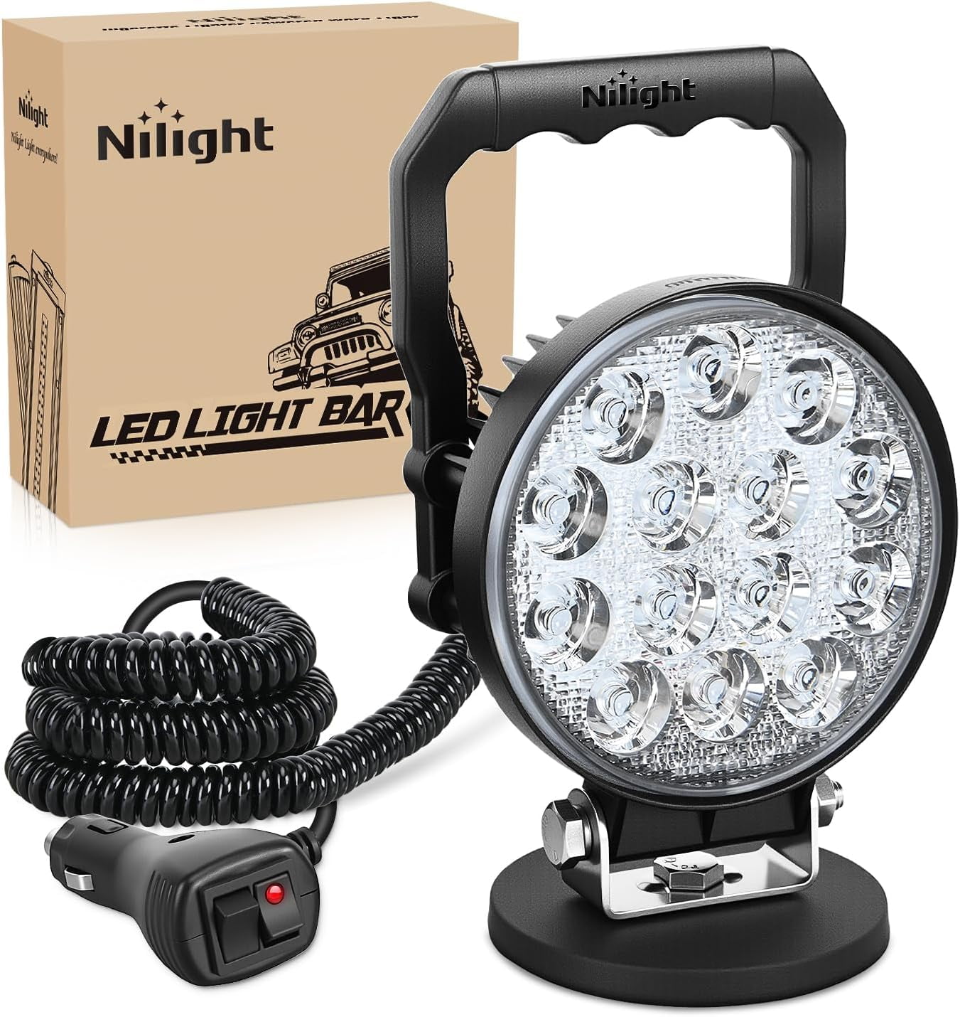 Nilight LED Light Bar 4.5Inch 42W Round Portable Flood Pod Cigarette Lighter Powered with Wiring Magnetic Base 14LEDs Fog Driving Work Roof Bumper Lights for Truck Tractor Golf Cart UTV