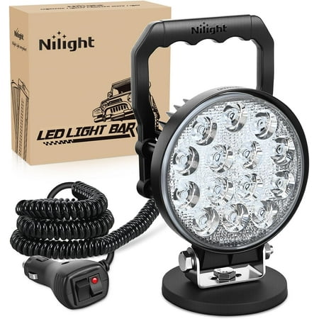 Nilight LED Light Bar 4.5Inch 42W Round Portable Flood Pod Cigarette Lighter Powered with Wiring Magnetic Base 14LEDs Fog Driving Work Roof Bumper Lights for Truck Tractor Golf Cart UTV