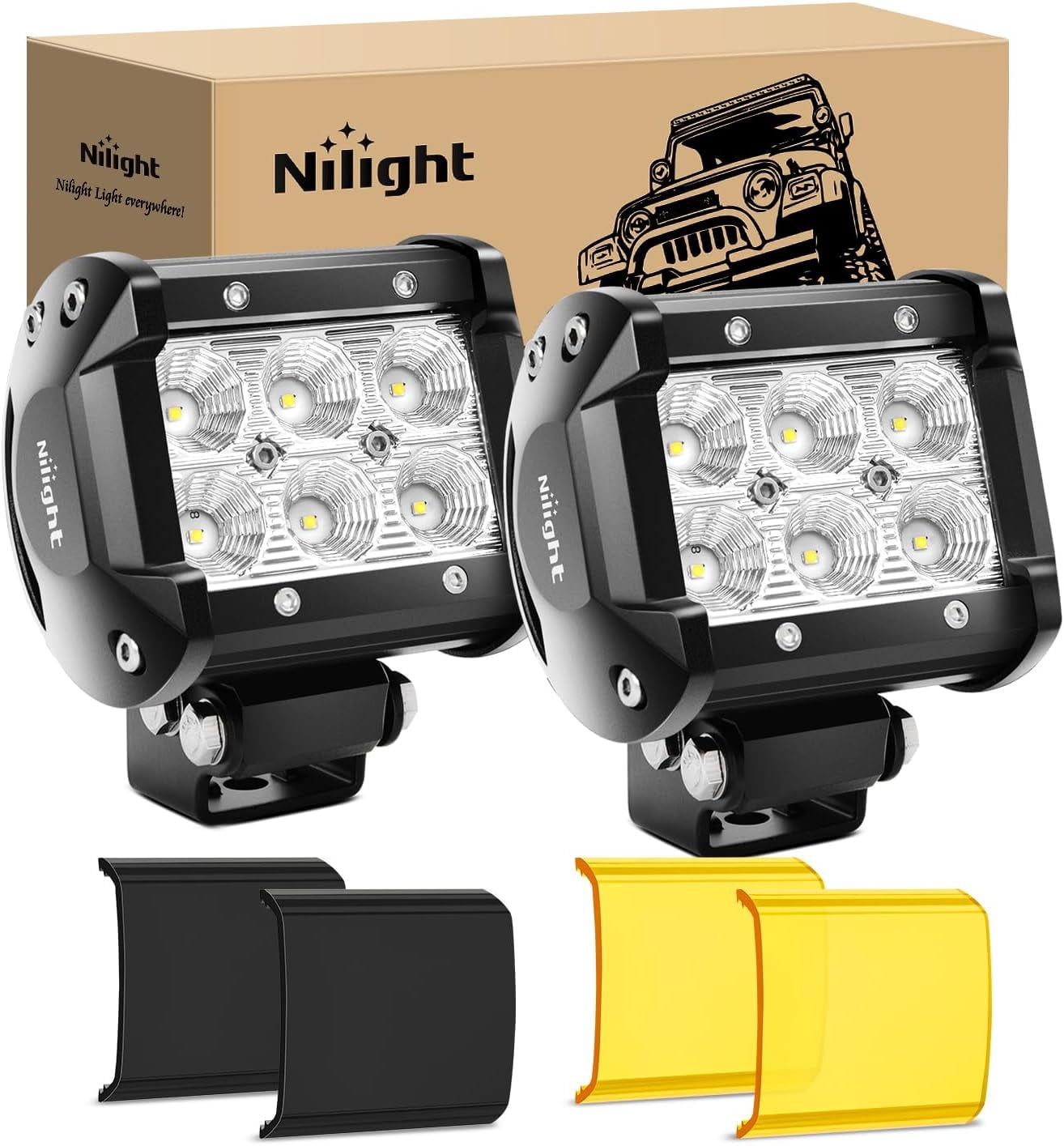 Nilight LED Light Pod with Yellow Black Covers 2PCS 18W 1260LM Flood Off Road Lights Super Bright Driving Fog Boat Lighting Pods for Trucks Pickup Golf Cart SUV ATV UTV 4x4 Van Camper