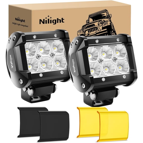 Nilight LED Light Pod with Yellow Black Covers 2PCS 18W 1260LM Flood Off Road Lights Super Bright Driving Fog Boat Lighting Pods for Trucks Pickup Golf Cart SUV ATV UTV 4x4 Van Camper