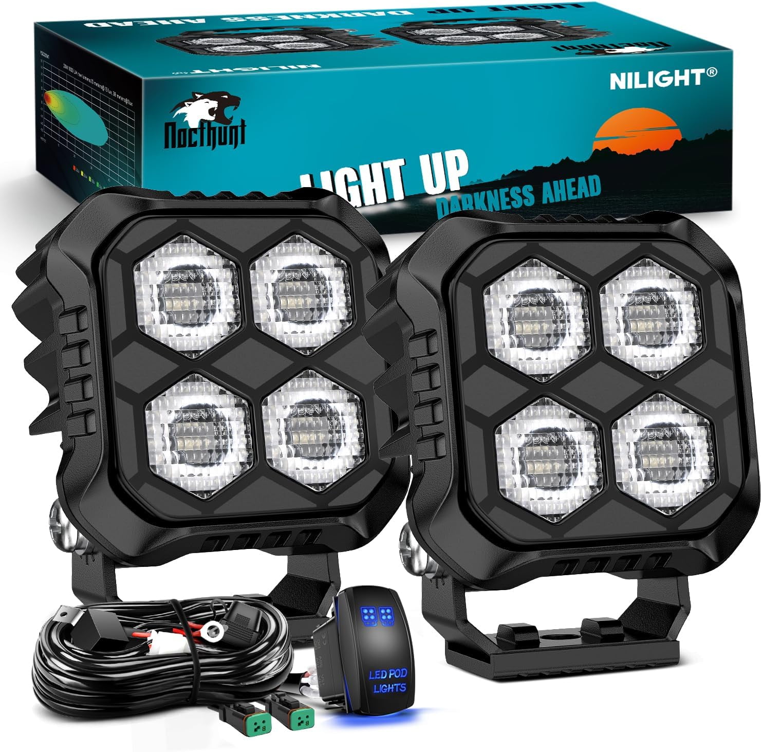Nilight LED Pod Light 2 PCS 2.8 Inch 20 W 4 LED Square Hyper Flood Beam Driving Offroad Lights w/18AWG Rocker Switch Wiring Harness Kit for Truck Motorbike Boat ATV UTV SUV