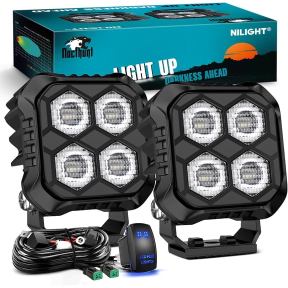 Nilight LED Pod Light 2 PCS 2.8 Inch 20 W 4 LED Square Hyper Flood Beam Driving Offroad Lights w/18AWG Rocker Switch Wiring Harness Kit for Truck Motorbike Boat ATV UTV SUV